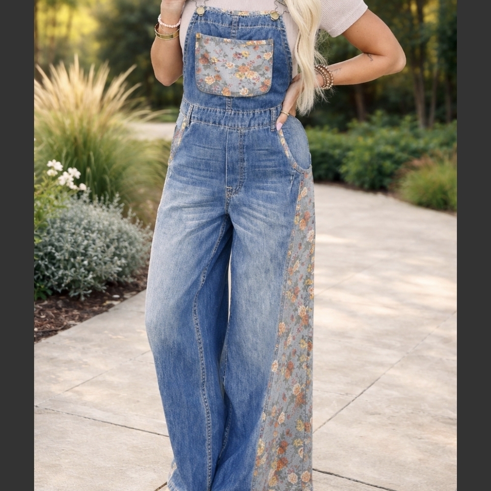 Floral-Trim Wide Leg Denim Overalls - Blue